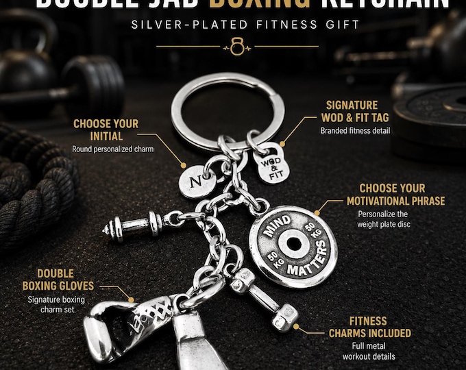 Boxing Gloves Keychain, Double Jab Boxing Gift, Personalized Fighter Keyring with Motivation Plate and Initial  Wod & Fit