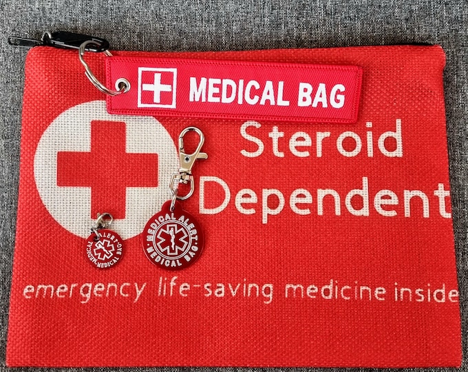 Emergency Pouch Medical Alert Medical Bag + Aluminum Tag · Emergency First Aid Pouch - Epipen Inside · Medical Alert Keychain - Diabetes