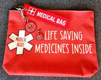 Emergency Pouch Medical Alert Medical Bag + Aluminum Tag · Emergency First Aid Pouch - Epipen Inside · Medical Alert Keychain - Diabetes