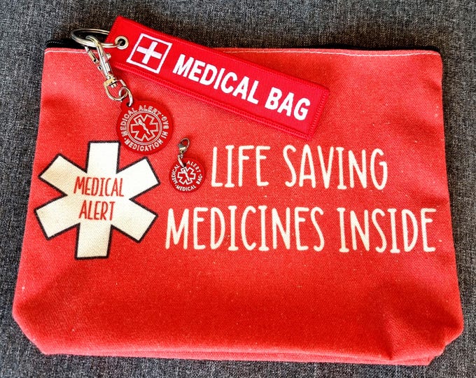 Emergency Pouch Medical Alert Medical Bag + Aluminum Tag · Emergency First Aid Pouch - Epipen Inside · Medical Alert Keychain - Diabetes