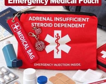 Emergency Pouch Medical Alert Medical Bag + Aluminum Tag · Emergency First Aid Pouch - Epipen Inside · Medical Alert Keychain - Diabetes