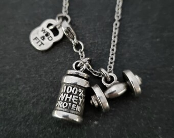 Gym Pendant Necklace 100% Whey Protein Weight · Gym Gift · Fitness · Boyfriend Gift · Crosstraining · Weight Loss · Dad Gift · Wod & Fit