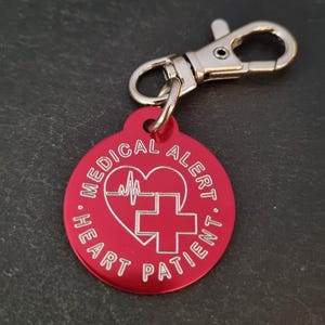 Emergency Medical Alert Heart Patient Custom Engraved Aluminum Round 32mm NO LASER - Medical Alert Keychain -Diabetes-Medical Condition Info