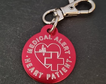 Emergency Medical Alert Heart Patient Custom Engraved Aluminum Round 32mm NO LASER - Medical Alert Keychain -Diabetes-Medical Condition Info