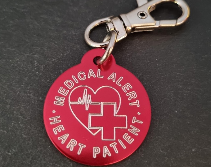 Emergency Medical Alert Heart Patient Custom Engraved Aluminum Round 32mm NO LASER - Medical Alert Keychain -Diabetes-Medical Condition Info