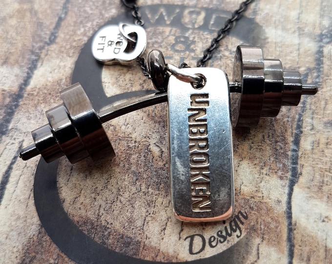 Necklace Power Clean Workout Barbell All Black Gun & Motivational Word Bodybuilding,Gym Gift,Barbell Jewelry,Weight Lifting,Fitness Jewelry