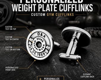 Custom gym cufflinks with weight plate design, elegant fitness gift for lifter, coach, trainer, groom or gym lover · Wod & Fit