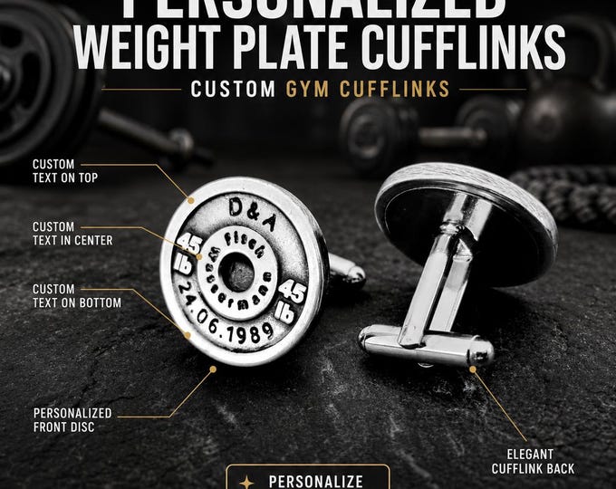 Custom gym cufflinks with weight plate design, elegant fitness gift for lifter, coach, trainer, groom or gym lover · Wod & Fit