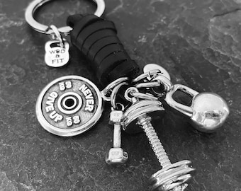 Gym Keychain Barbell Club Black Leather - Workout Gift -  Dumbbell - Bodybuilding Gifts - Weight Lifter - Fitness - Exercise Gift -Wod & Fit