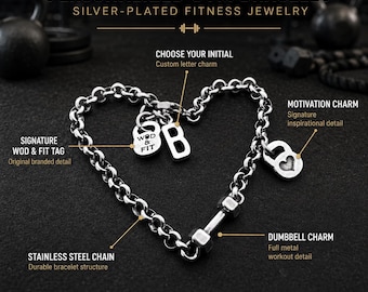 Dumbbell Gym Bracelet, Fitness Motivation Gift, Personalized Initial Workout Bracelet for Gym Lover · Custom Bracelet · Wod & Fit
