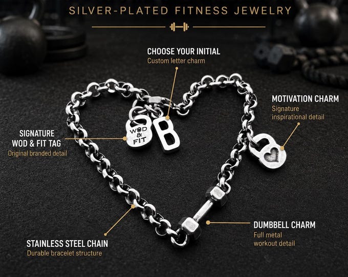 Dumbbell Gym Bracelet, Fitness Motivation Gift, Personalized Initial Workout Bracelet for Gym Lover · Custom Bracelet · Wod & Fit