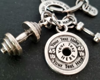 Personalized Gym Keychain with Big Barbell and 45lbs Weight Plate  - Motivational Fitness Gift for Bodybuilders · Custom Gift · Wod & Fit