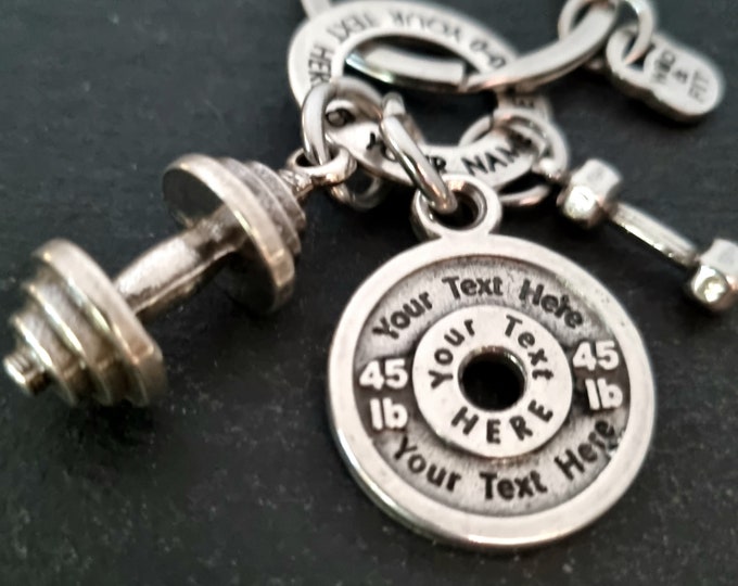 Personalized Gym Keychain with Big Barbell and 45lbs Weight Plate  - Motivational Fitness Gift for Bodybuilders · Custom Gift · Wod & Fit