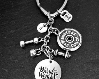 Gym Woman Keychain Personalized Fitness Gift for Women Gym Lover Dumbbell Kettlebell Barbell Charm Heart Ring Fit mom , Fit Girl Wod & Fit