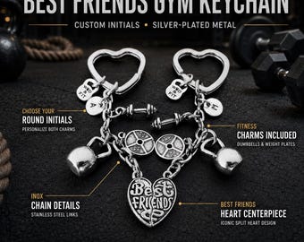 Personalized Best Friends Gym Keychains, Fitness Gift for Gym Besties or Couple with Initials, Kettlebell, Dumbbell and Weight Plate Wod Fit