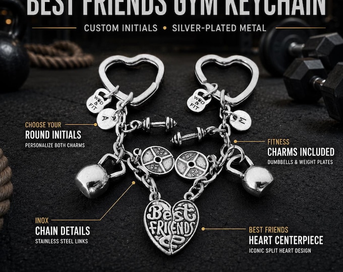 Personalized Best Friends Gym Keychains, Fitness Gift for Gym Besties or Couple with Initials, Kettlebell, Dumbbell and Weight Plate Wod Fit