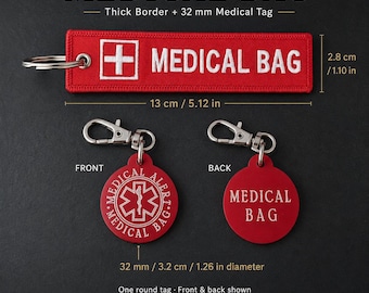 May include: A rectangular red fabric keychain with a white cross and the text MEDICAL BAG, measuring 5.12 inches by 1.10 inches. Two round red tags with silver clips are included, featuring a medical star symbol and the text MEDICAL BAG.