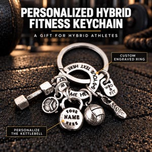 May include: A silver-toned metal keyring featuring a circular ring with the text YOUR TEXT HERE and a dumbbell, a clock, a kettlebell with the text YOUR NAME HERE, a volleyball, a shoe, and a small kettlebell charm with WOD & FIT text.