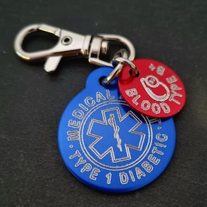 Emergency Medical Alert Custom Engraved Aluminum Round and Blood Type - Medical Alert Keychain - Diabetes - Allergy - Medical Condition Info