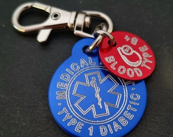 Emergency Medical Alert Custom Engraved Aluminum Round and Blood Type - Medical Alert Keychain - Diabetes - Allergy - Medical Condition Info
