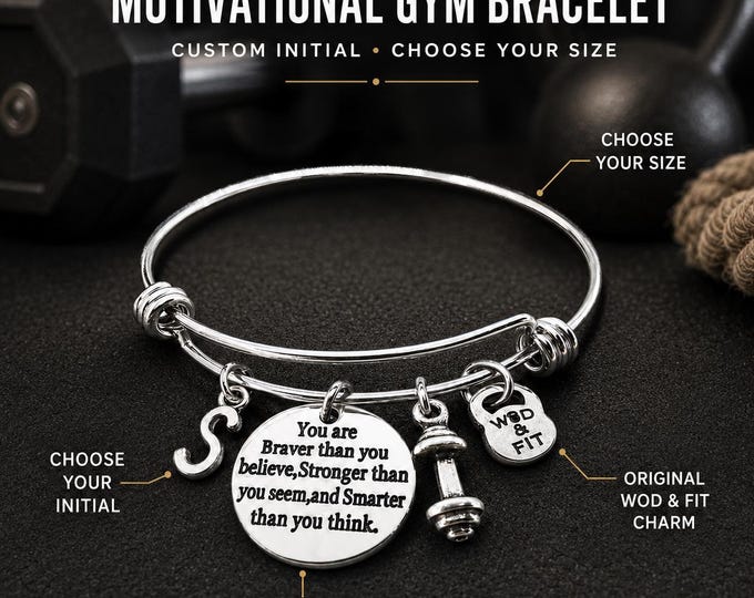 You are Braver than you believe...Bracelet Dumbbell & Initial.Motivation- Fitness Bracelet - Female Bodybuilding - Fitmom -Gym Gift Bracelet