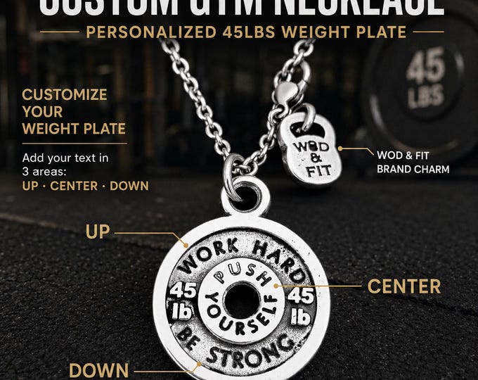 Custom gym necklace with personalized 45lbs weight plate, motivational fitness gift for lifter, athlete, coach or trainer ·Wod & Fit