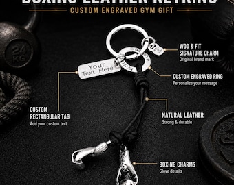 Llavero cuero guantes boxeo personalizado con frase motivacional o nombre, regalo boxing para boxer, fighter, coach o trainer Wod & Fit