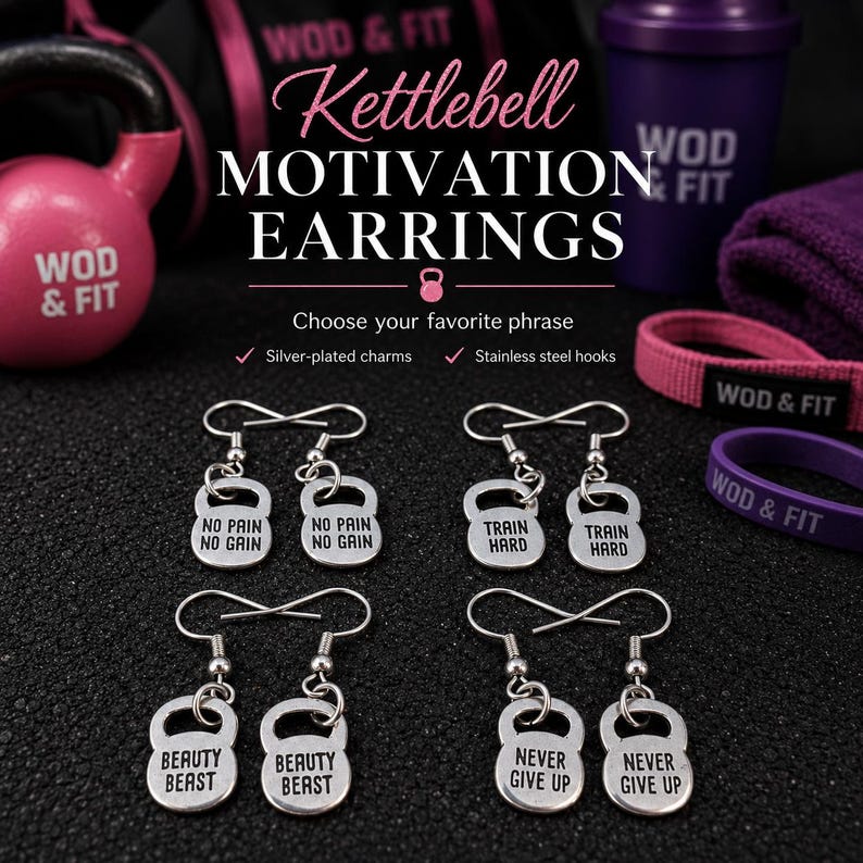 Örhängen för kvinnor med gympower, motivationsgåva för vältränad tjej, gymtjej, atlet, tränare eller sportig vän Wod & Fit KB No Pain No Gain