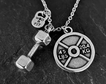 Gym Necklace Dumbbell and Weight Plate · Gym Necklace · Boyfriend Gift · Fitness Jewels · Coach Gift · Girlfriend Gift · BFF Gifts Wod & Fit