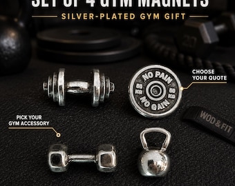 Set of 4 Gym Magnets, Fitness Gift for Fridge or Whiteboard with Barbell, Dumbbell and Motivational Weight Plate -Wod & Fit