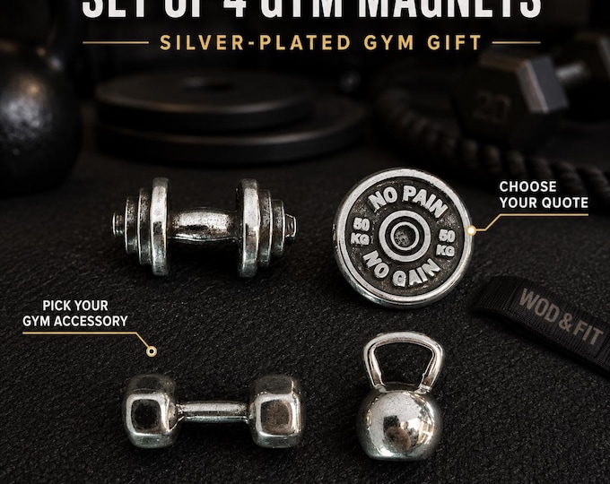 Set of 4 Gym Magnets, Fitness Gift for Fridge or Whiteboard with Barbell, Dumbbell and Motivational Weight Plate -Wod & Fit