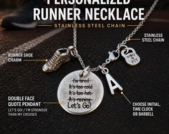 Runner Motivation Necklace with Shoe Charm, Personalized Running Gift with Barbell, Me vs Me or Initial Charm - Runner Girl - Wod & Fit