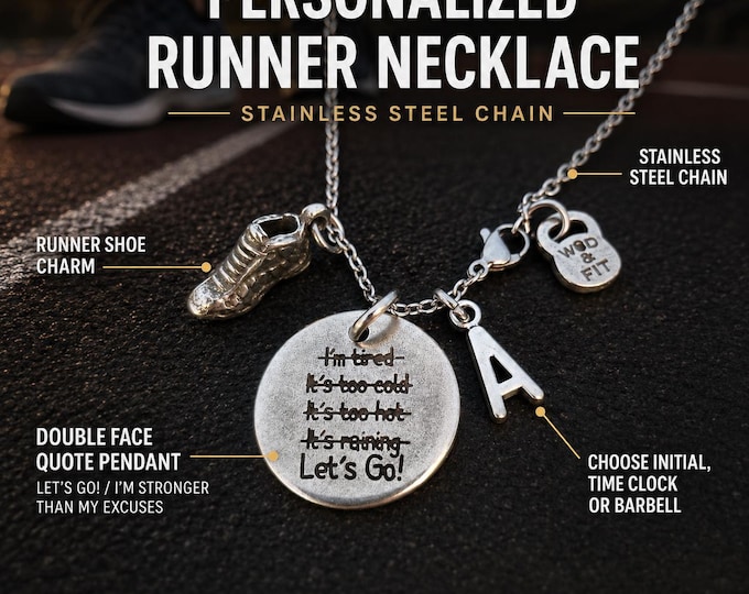 Runner Motivation Necklace with Shoe Charm, Personalized Running Gift with Barbell, Me vs Me or Initial Charm - Runner Girl - Wod & Fit
