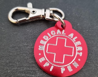 Emergency Medical Alert Custom Engraved Aluminum Round 32mm NO LASER - Medical Alert Keychain - Diabetes - Allergy - Medical Condition Info