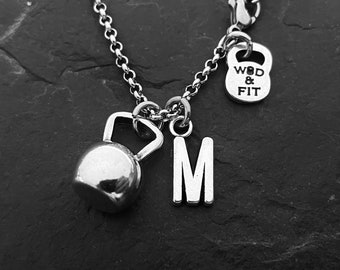 Kettlebell Necklace & Initial Letter.Fitness Weight lifting,Bodybuilding,Kettlebell Necklace,Motivation,Fitmom,Coach Gift Crosstraining Gift