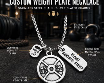Personalized 45lbs weight plate necklace for gym lovers, unisex fitness jewelry gift for men, women, lifters, athletes or coaches Wod & Fit