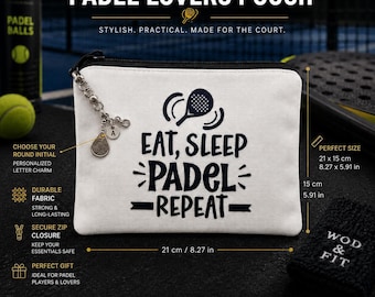 Fabric pouch for padel lovers with initial charm, padel racket and ball pendant, sporty gift for women, player or teammate · Wod & Fit