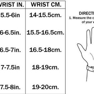 May include: A chart showing wrist sizes in inches and centimeters. The chart includes sizes XS, SM, MED, LRG, and X-LRG. A diagram shows how to measure your wrist.