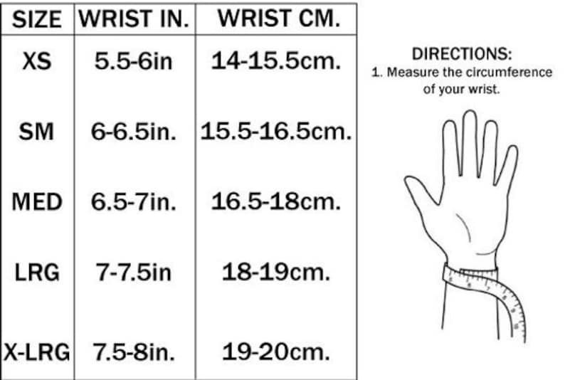 May include: A chart showing wrist sizes in inches and centimeters. The chart includes sizes XS, SM, MED, LRG, and X-LRG. A diagram shows how to measure your wrist.