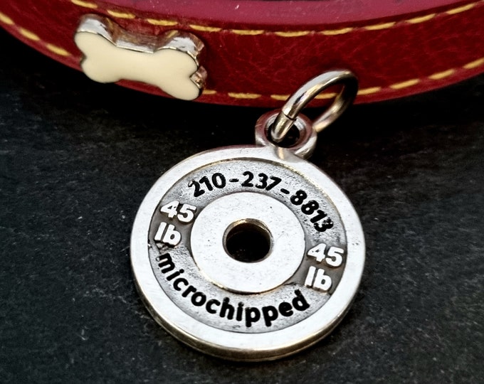 Personalized Dog Tag - Engraved Pet ID Tag for Dogs - Weight Plate 45lbs · Cute Dog Accessories for Pets  - Puppy Name Tag Wod & Fit