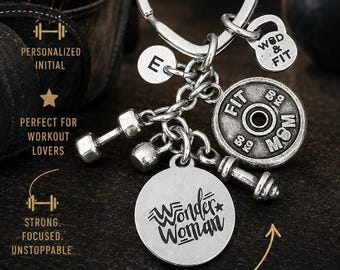 Gym Woman Keychain Personalized Fitness Gift for Women Gym Lover Dumbbell Kettlebell Barbell Charm Heart Ring Fit mom , Fit Girl Wod & Fit