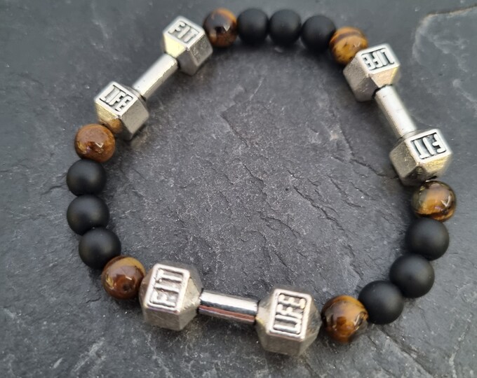 Three Dumbbells Bracelet Natural Stone Fitness Bracelet · Workout Gifts · Gym Gifts ·Bodybuilding· Personal Trainer Crossfit Gift· Wod & Fit
