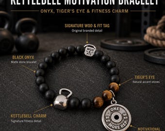 Kettlebell Gym Bracelet, Fitness Motivation Gift, Onyx Tiger Eye Workout Bracelet for Gym Lover · Gym Gift ·Wod & Fit