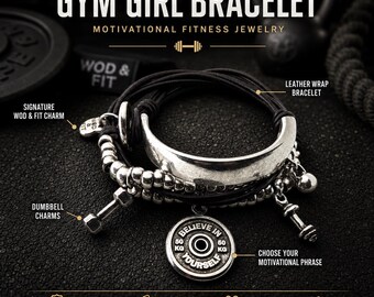 Black Leather Gym Bracelet for Women with Dumbbell, Kettlebell and Motivational Charm Wod & Fit