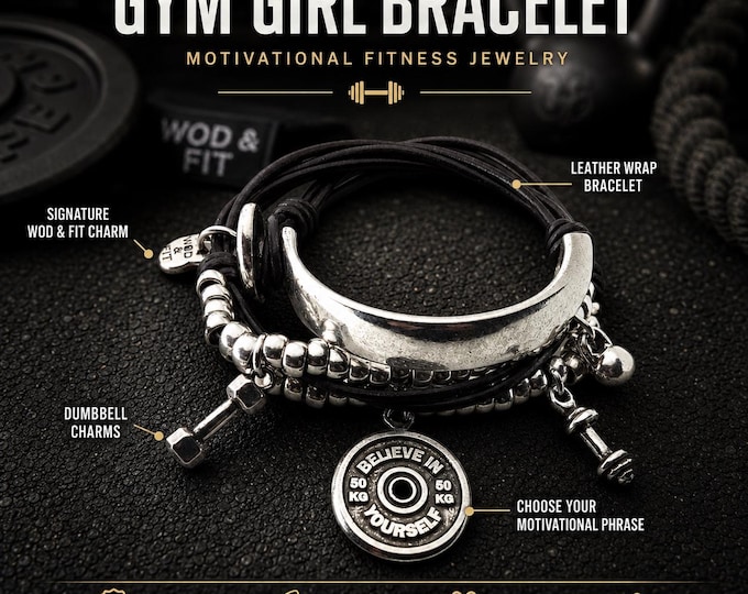 Black Leather Gym Bracelet for Women with Dumbbell, Kettlebell and Motivational Charm Wod & Fit