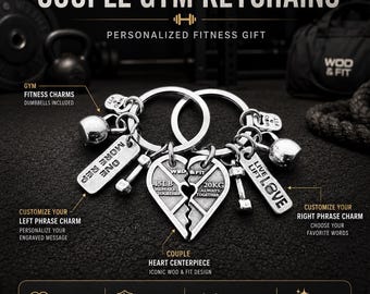 Personalized Couples Gym Keychain, Fitness Gift for Couple with Heart Weight Plate, Names, Date and Motivational Quotes· Wod & Fit