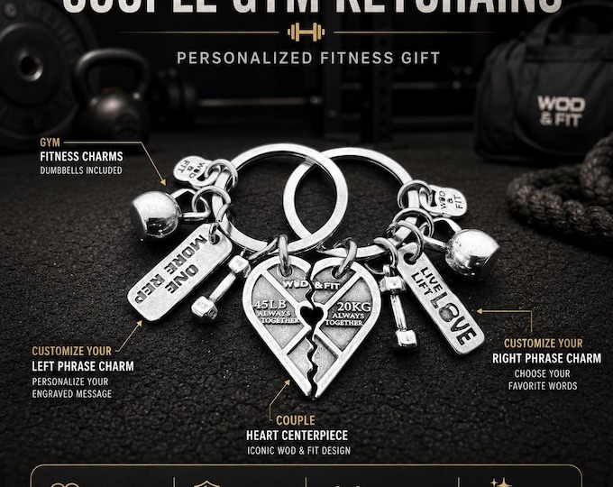 Personalized Couples Gym Keychain, Fitness Gift for Couple with Heart Weight Plate, Names, Date and Motivational Quotes· Wod & Fit