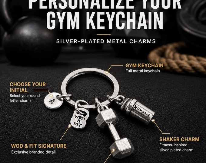 Gym Keychain with Dumbbell and Shaker, Personalized Fitness Keyring, Workout Gift for Gym Lover - Gym Gift- initial keychain, Wod & Fit