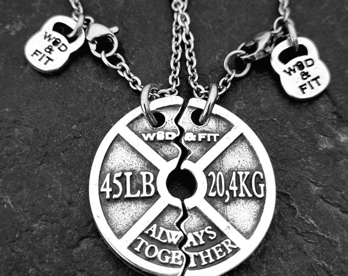 Featured listing image: Couple Necklaces Weight Plate 45lbs Always Together·Train Together Stay Together·Weightlifter ·Gym· Bodybuilding·Fitness·bff gifts·Wod & Fit