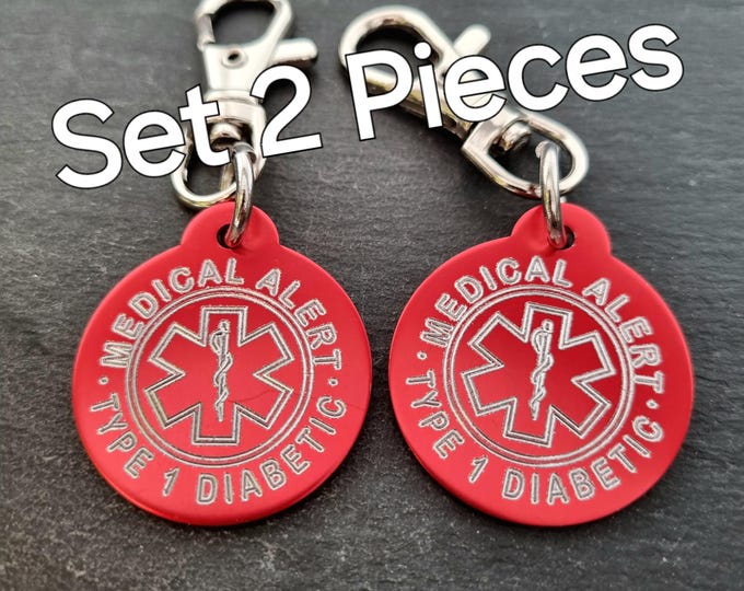 Emergency Medical Alert SET 2 Custom Engraved Aluminum Round 32mm NO LASER -Medical Alert Keychain-Diabetes- Allergy -Medical Condition Info